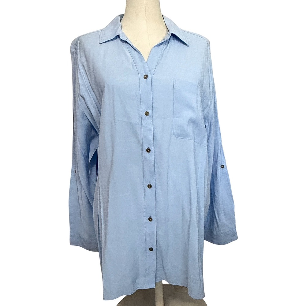 Chicos Blue Roll Tab Sleeve Button Down Tunic Blouse Shirt Size 3 XL